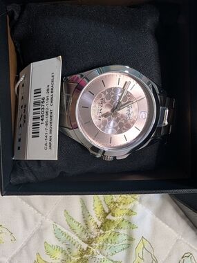Coach Silver-Tone Watch with Pink Signature Dial